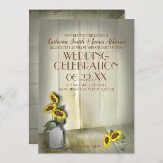 MASON JAR RUSTIKLANG MIT SONNENBLUMEN EINLADUNG (Vorne/Hinten)