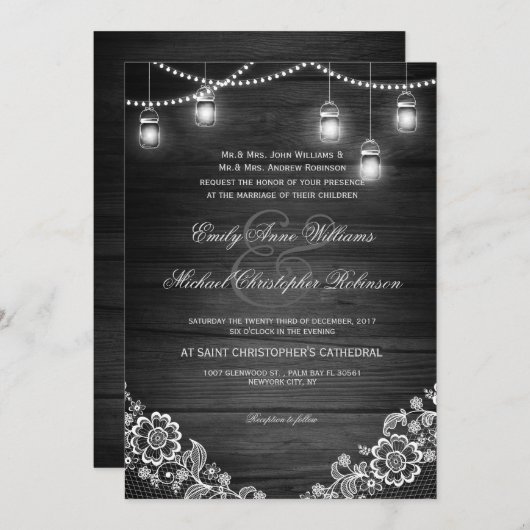 Mason Jar Saitenlicht rustikale Holzhochzeit Einladung (Vorne/Hinten)