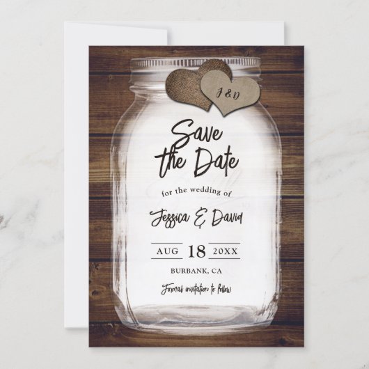 Mason Jar Scheune Holz Jute Herzen Monogramm Hochz Save The Date (Vorderseite)