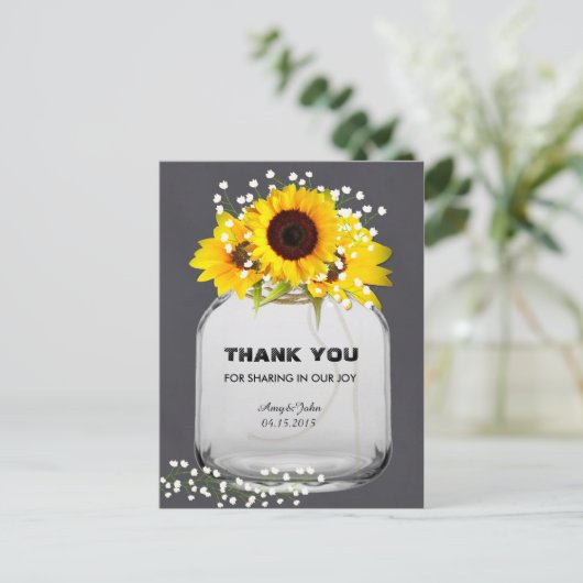 Mason jar Sonnenblumen Tafel danke Postkarten (Stehend Vorderseite)
