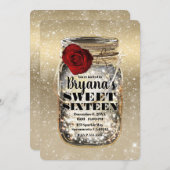 Mason Jar Sparkle Lights & Rote Rose Sweet 16 Einladung (Vorne/Hinten)