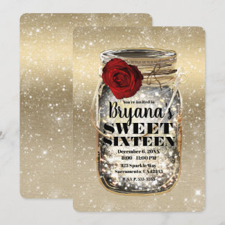 Mason Jar Sparkle Lights & Rote Rose Sweet 16 Einladung