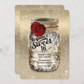 Mason Jar Sparkle Lights & Rote Rose Sweet 16 Einladung (Vorne/Hinten)