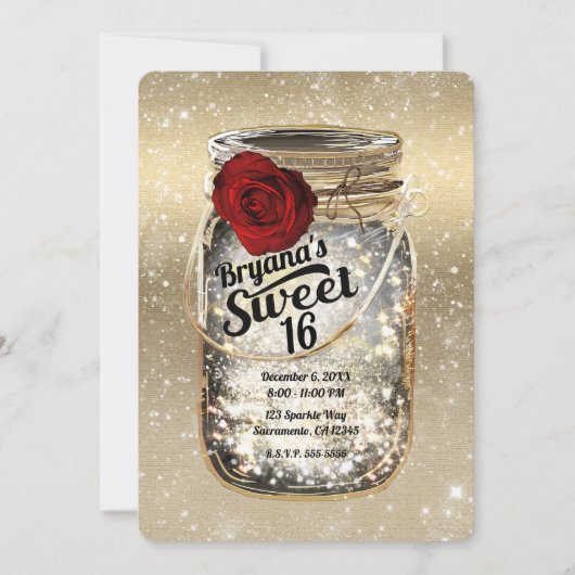 Mason Jar Sparkle Lights & Rote Rose Sweet 16 Einladung (Vorderseite)