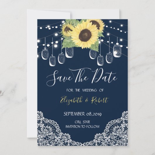 Mason Jar, Spitz, Sonnenblumen Navy Blau Save the  Date (Vorderseite)
