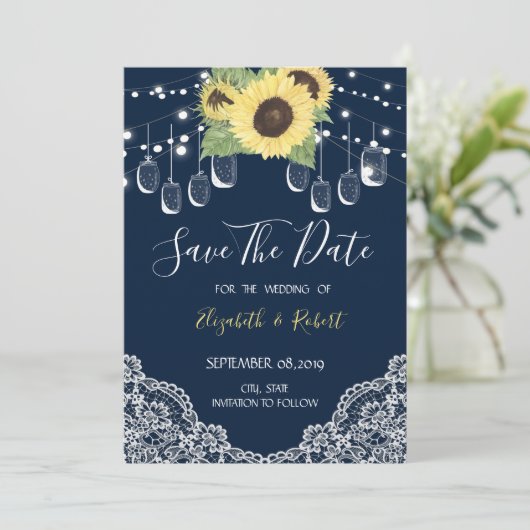 Mason Jar, Spitz, Sonnenblumen Navy Blau Save the Save The Date (Stehend Vorderseite)