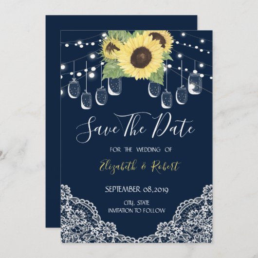 Mason Jar, Spitz, Sonnenblumen Navy Blau Save the  Save The Date (Vorne/Hinten)
