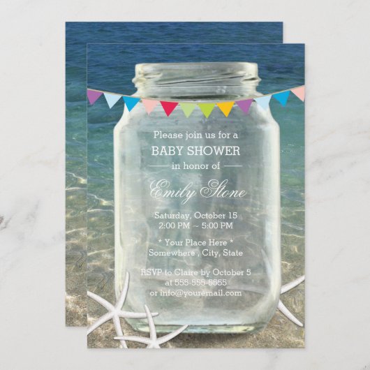 Mason Jar & Starfish Blue Sea Beach Baby Dusche Einladung (Vorne/Hinten)