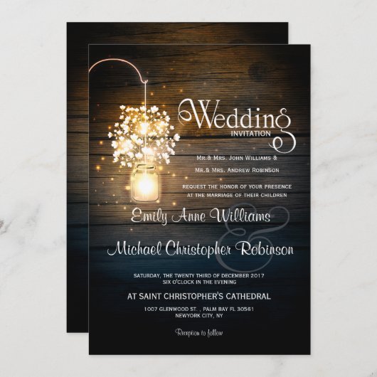 Mason Jar strahlt Lichter blühende rustikale Hochz Einladung (Vorne/Hinten)