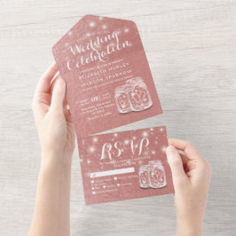 Mason Jar String Light Pink Rose Gold Wedding RSVP All In One Einladung
