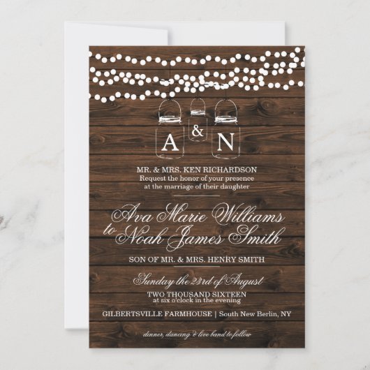 Mason Jar String Light Wedding Einladung (Vorderseite)