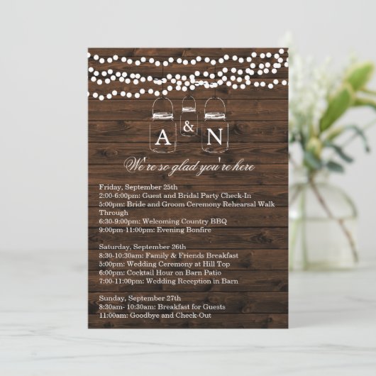 Mason Jar String Light WEEKEND ITINERARY Card Einladung (Stehend Vorderseite)