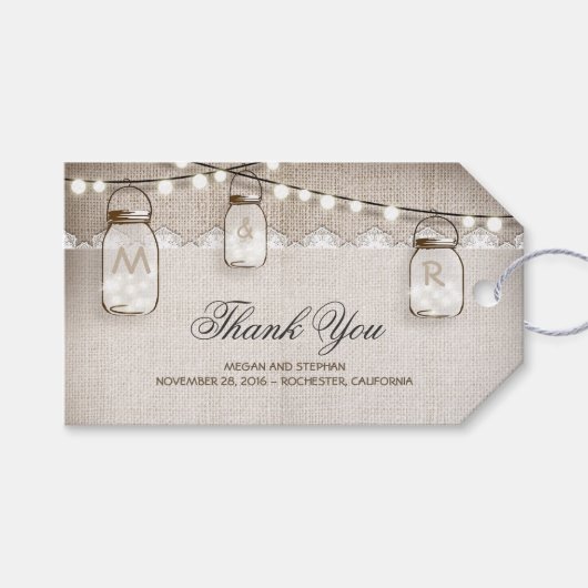 Mason Jar String Lights Burlap Wedding Geschenkanhänger (Vorderseite (Horizontal))