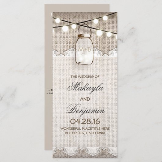 Mason Jar String Lights Burlap Weddingprogramme Programm (Vorne/Hinten)