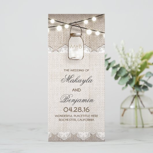 Mason Jar String Lights Burlap Weddingprogramme Programm (Stehend Vorderseite)