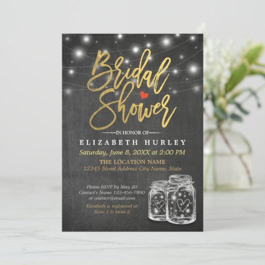 Mason Jar & String Lights Chalkboard Brautparty Einladung (Stehend Vorderseite)