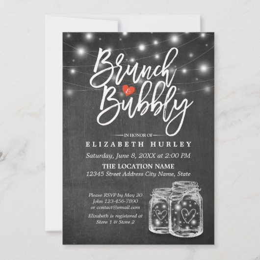 Mason Jar String Lights Chalkboard Brunch & Bubbly Einladung (Vorderseite)