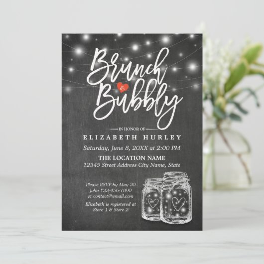 Mason Jar String Lights Chalkboard Brunch & Bubbly Einladung (Stehend Vorderseite)