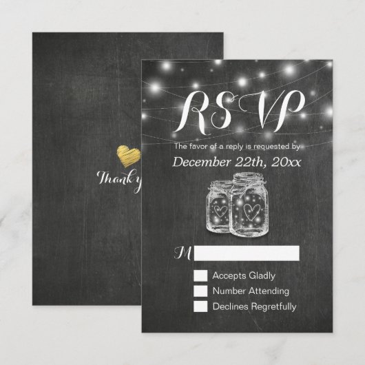 Mason Jar & String Lights Chalkboard Wedding RSVP Karte (Vorne/Hinten)