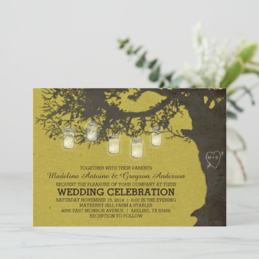 Mason Jar String Lights Chartreuse Tree Wedding Einladung (Stehend Vorderseite)