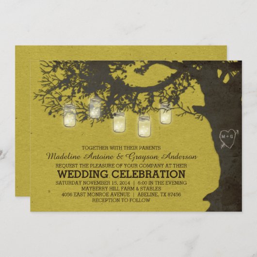 Mason Jar String Lights Chartreuse Tree Wedding Einladung (Vorne/Hinten)