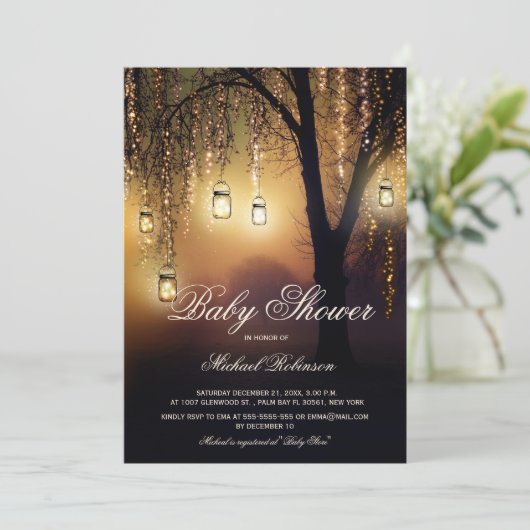Mason Jar String Lights Elegante Rustikale Babydus Einladung (Stehend Vorderseite)