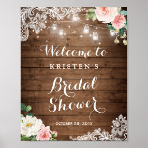 Mason Jar String Lights Floral Brautparty Sign Poster