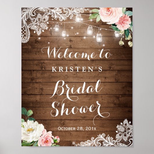 Mason Jar String Lights Floral Brautparty Sign Poster (Vorne)