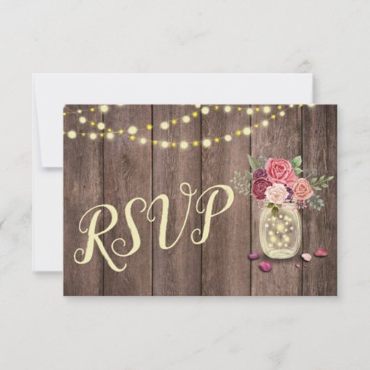Mason Jar String Lights Floral RSVP Karte (Vorderseite)