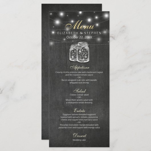 Mason Jar & String Lights Hochzeitmenü Menükarte (Vorne/Hinten)