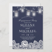 Mason Jar String Lights Lace Navy Engagement Party Einladung (Vorderseite)