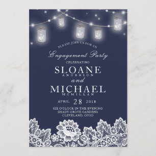 Mason Jar String Lights Lace Navy Engagement Party Einladung