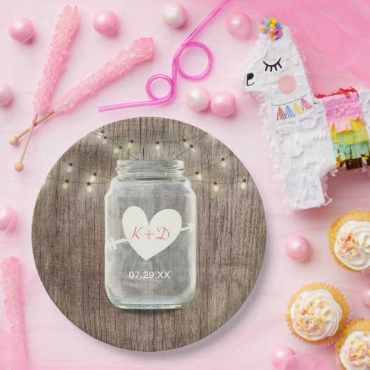 Mason Jar & String Lights Rustic Barn Wood Wedding Pappteller (Party)