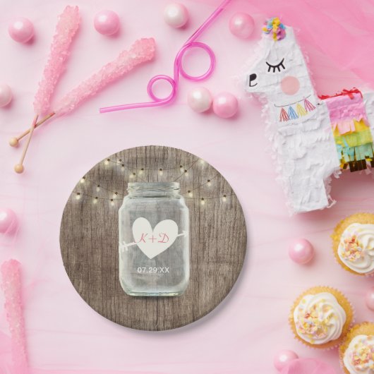 Mason Jar & String Lights Rustic Barn Wood Wedding Pappteller (Party)