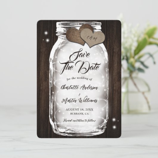Mason Jar String Lights Rustic Barn Wood Wedding Save The Date (Stehend Vorderseite)