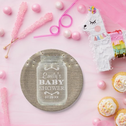 Mason Jar String Lights Rustic Burlap Baby Dusche Pappteller (Party)