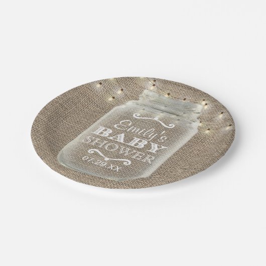 Mason Jar String Lights Rustic Burlap Baby Dusche Pappteller (Schrägansicht)