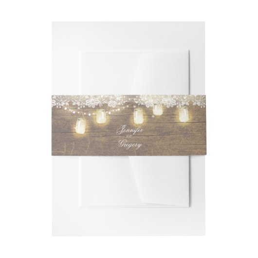 Mason Jar String Lights Rustic Wood Lace Wedding Einladungsbanderole (Vorderseite Beispiel)
