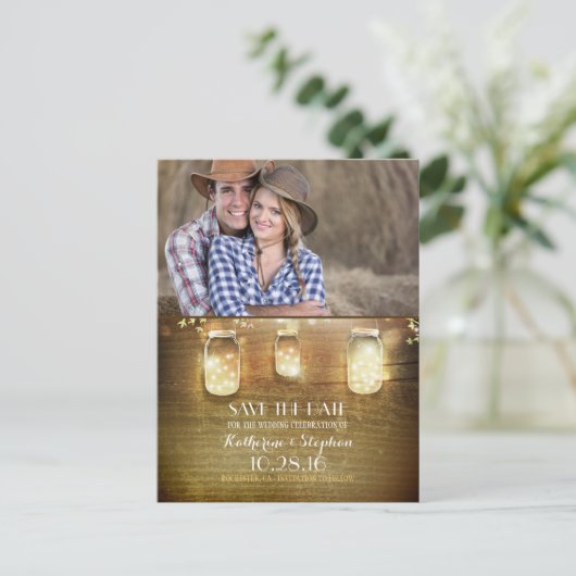 Mason Jar String Lights Rustikales Foto Save the D Ankündigungspostkarte (Stehend Vorderseite)