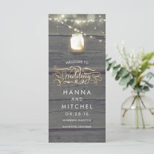 Mason Jar String Lights Rustische Hochzeitsprogram Programm (Stehend Vorderseite)