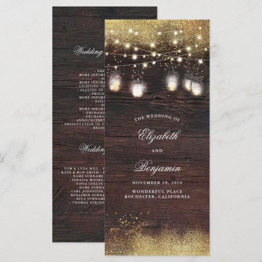 Mason Jar String Lights Rustische Hochzeitsprogram Programm (Vorne/Hinten)