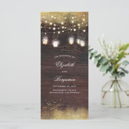 Mason Jar String Lights Rustische Hochzeitsprogram Programm (Stehend Vorderseite)