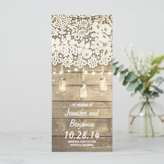 Mason Jar String Lights Rustische Hochzeitsprogram Programm (Stehend Vorderseite)