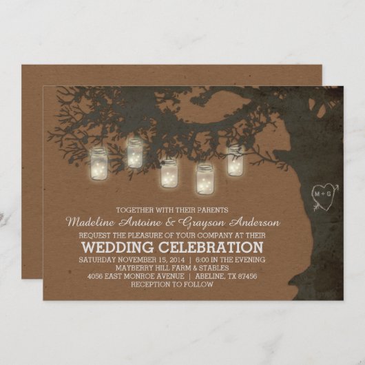 Mason Jar String Lights Tan Herbstbaum Hochzeit Einladung (Vorne/Hinten)