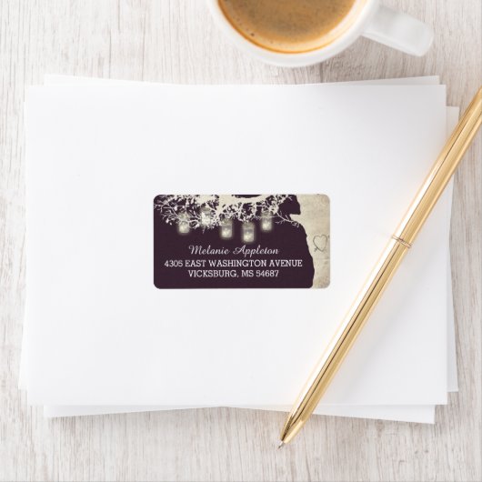 Mason Jar String Lights Tree Plum Adressaufkleber (Insitu)