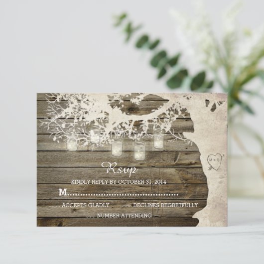 Mason Jar String Lights Tree Rustic Barn Wood UAWG RSVP Karte (Stehend Vorderseite)