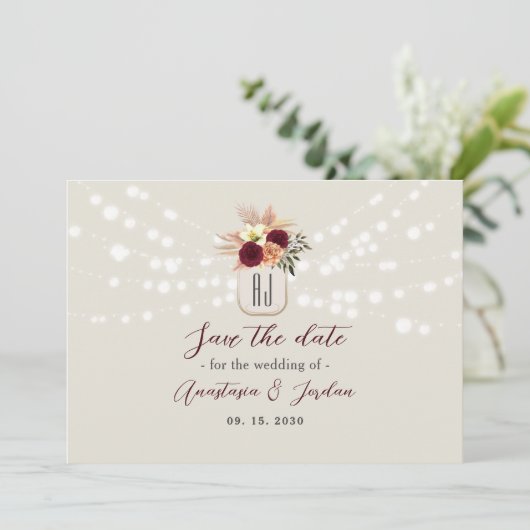 Mason Jar String Lights Wedding Save The Date (Stehend Vorderseite)