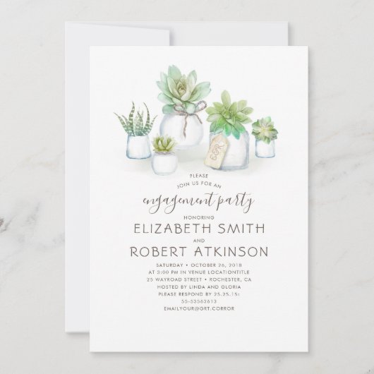 Mason Jar Succules rustikale Engagement Party Einladung (Vorderseite)
