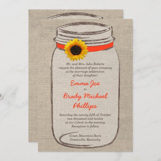 Mason Jar & Sunflower Hochzeit Einladung Orange (Vorne/Hinten)