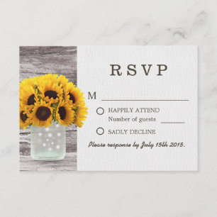 Mason Jar Sunflowers Barn Wood Wedding RSVP Karte